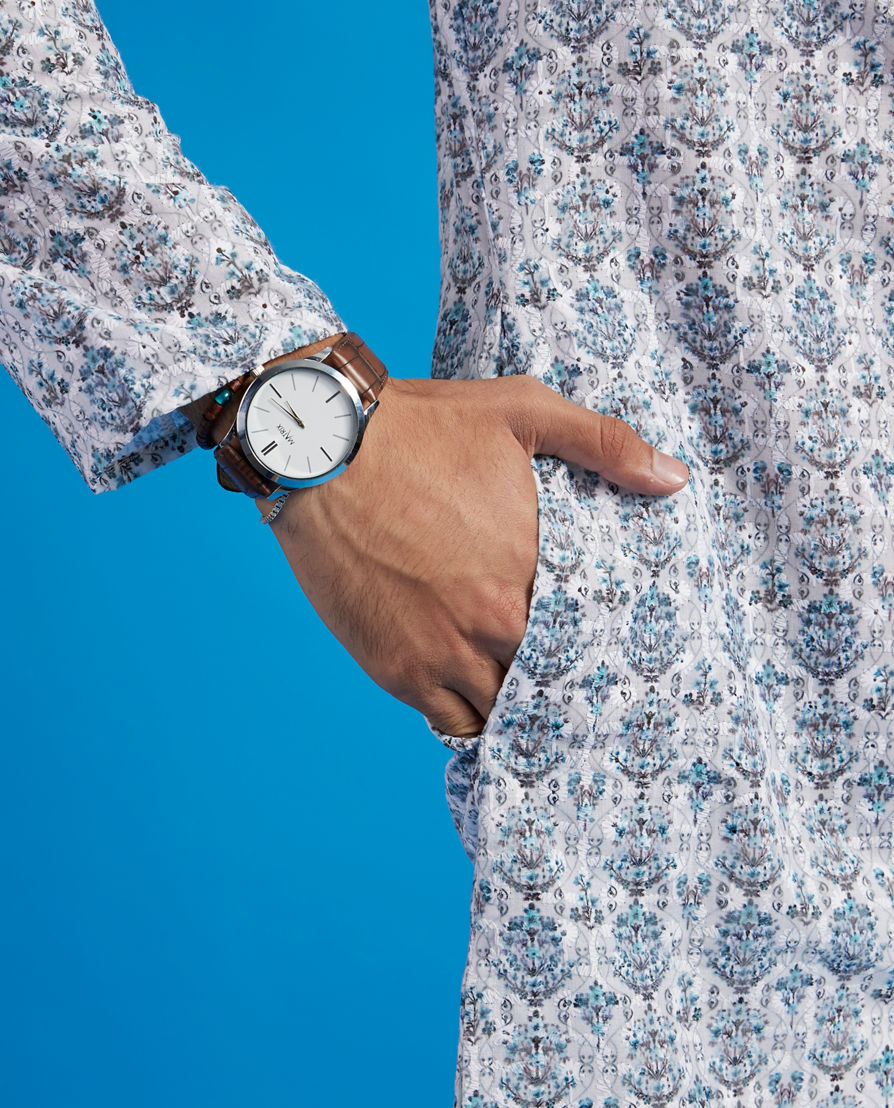 Diwas Men White & Aqua Green Medallion Printed Kurta