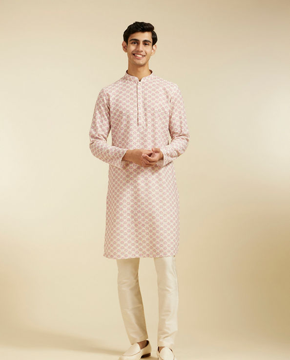 alt message - Diwas Men Bubblegum Pink Chikankari Printed Kurta image number 2