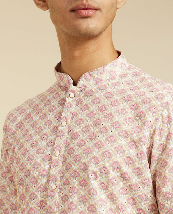 alt message - Diwas Men Bubblegum Pink Chikankari Printed Kurta image number 1