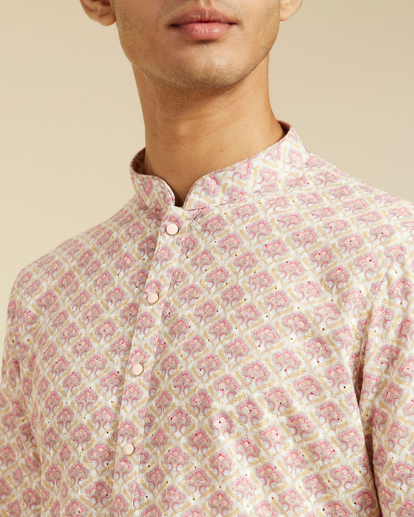 alt message - Diwas Men Bubblegum Pink Chikankari Printed Kurta image number 1