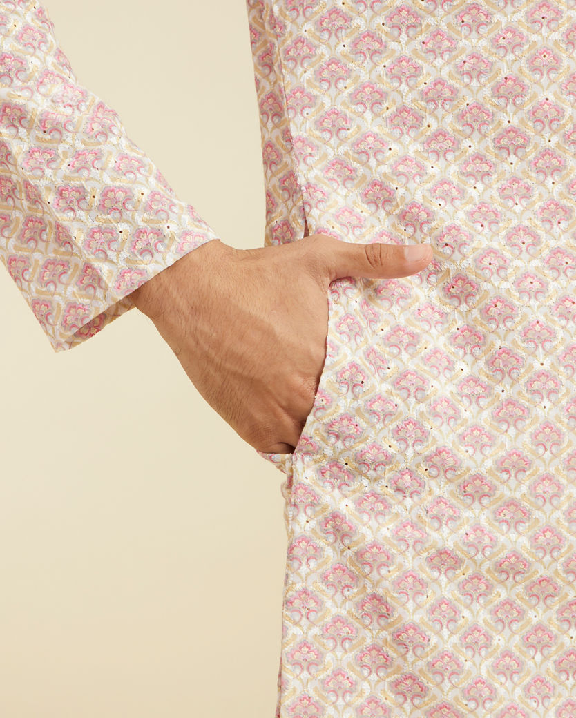 Diwas Men Bubblegum Pink Chikankari Printed Kurta