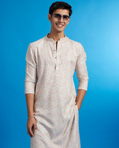 Diwas Men Cream Beige Paisley Patterned Kurta with Rhinestones