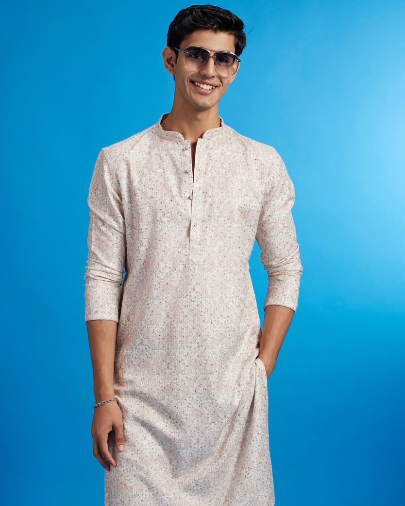 Diwas Men Cream Beige Paisley Patterned Kurta with Rhinestones