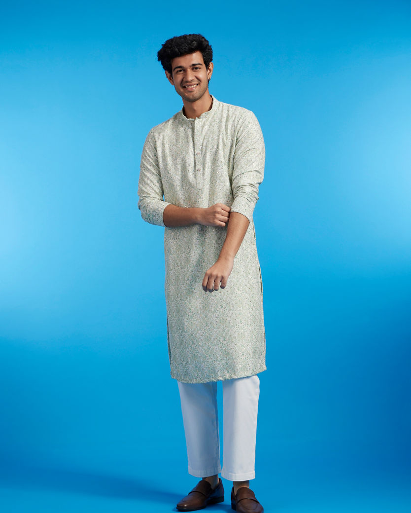 Diwas Men Soft Green Paisley Patterned Kurta with Rhinestones