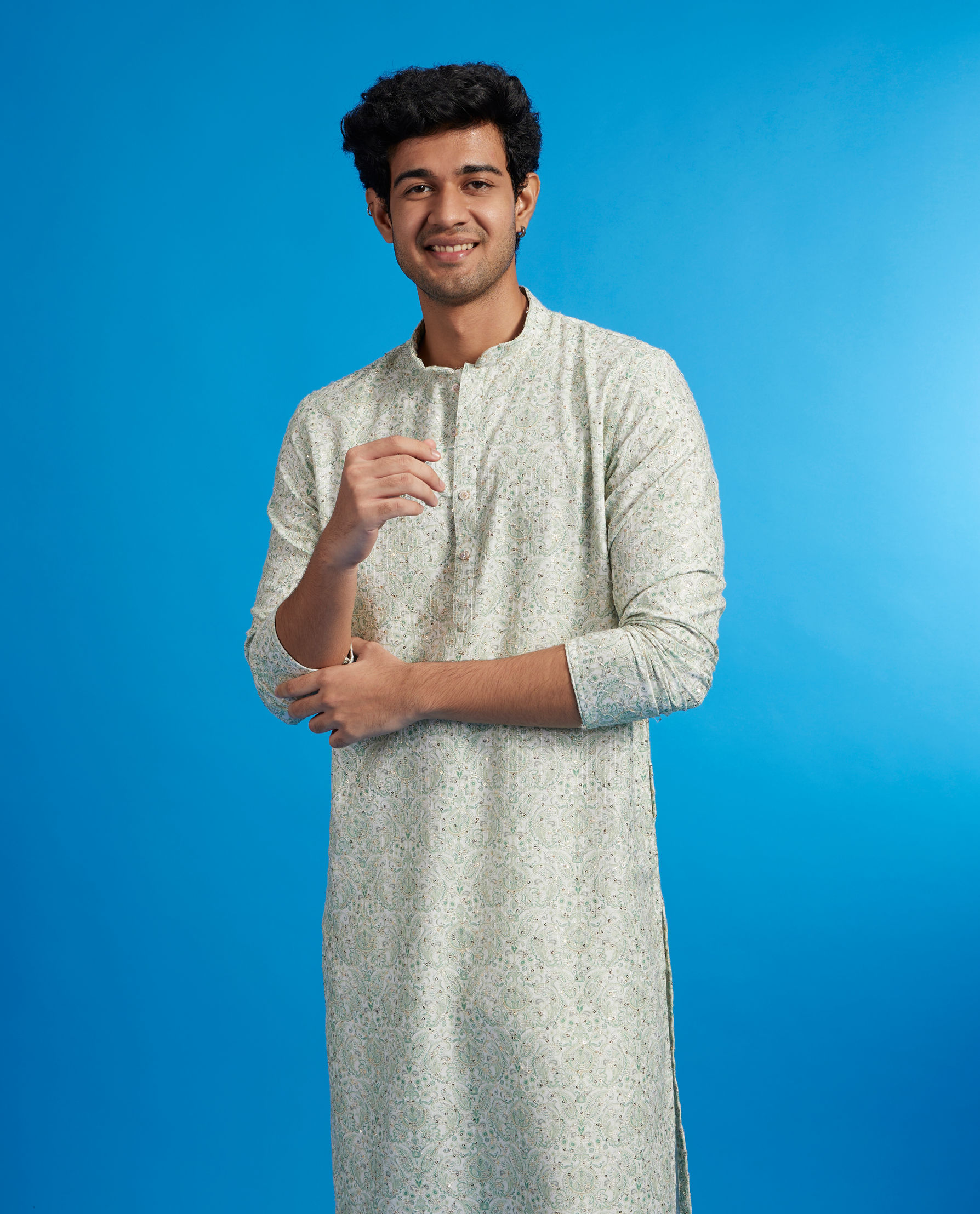 Diwas Men Soft Green Paisley Patterned Kurta with Rhinestones