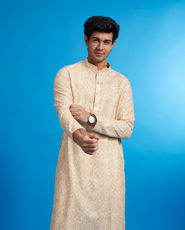 Diwas Men Primrose Yellow Paisley Patterned Kurta with Rhinestones