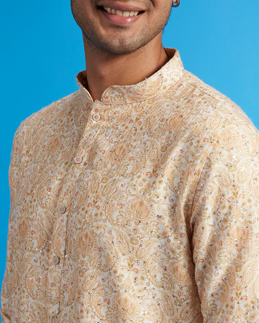 alt message - Diwas Men Primrose Yellow Paisley Kurta with Rhinestones image number 1