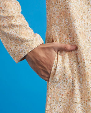 Diwas Men Primrose Yellow Paisley Patterned Kurta with Rhinestones