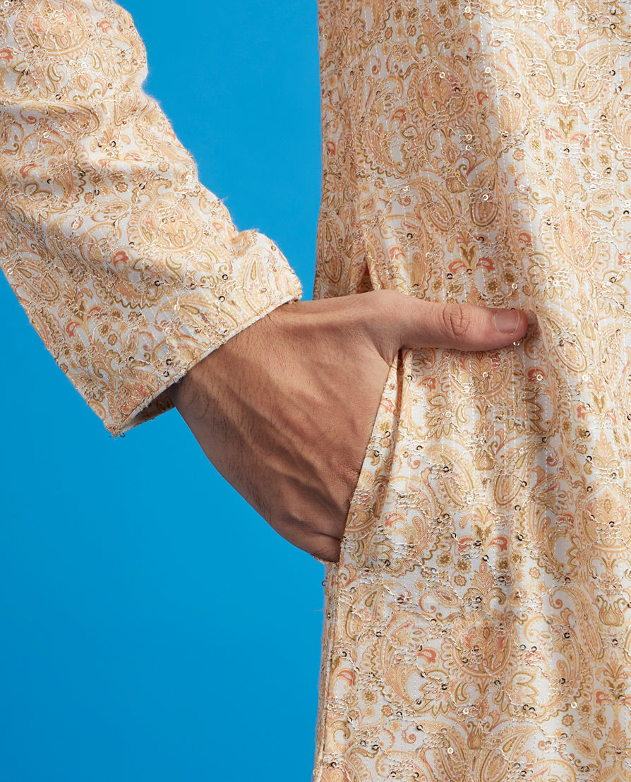 Diwas Men Primrose Yellow Paisley Patterned Kurta with Rhinestones