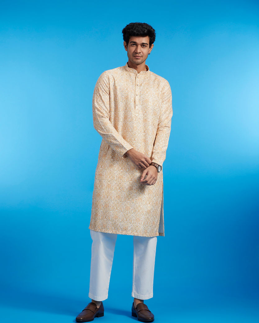 Diwas Men Primrose Yellow Paisley Patterned Kurta with Rhinestones