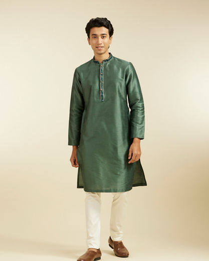Diwas Men Bottle Green Plain Kurta with Embroidered Neckline