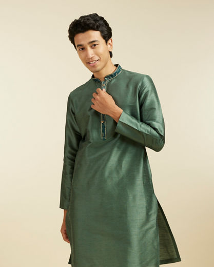 Diwas Men Bottle Green Plain Kurta with Embroidered Neckline