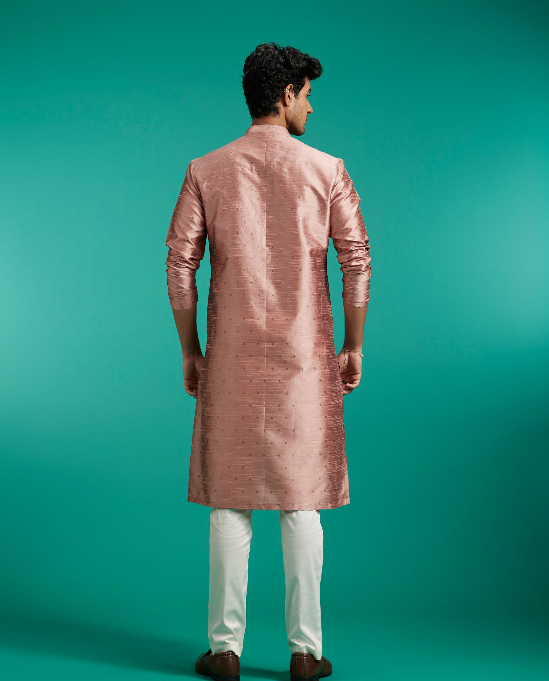 alt message - Diwas Men Peach Blossom Kurta with Dotted Boond Pattern image number 4