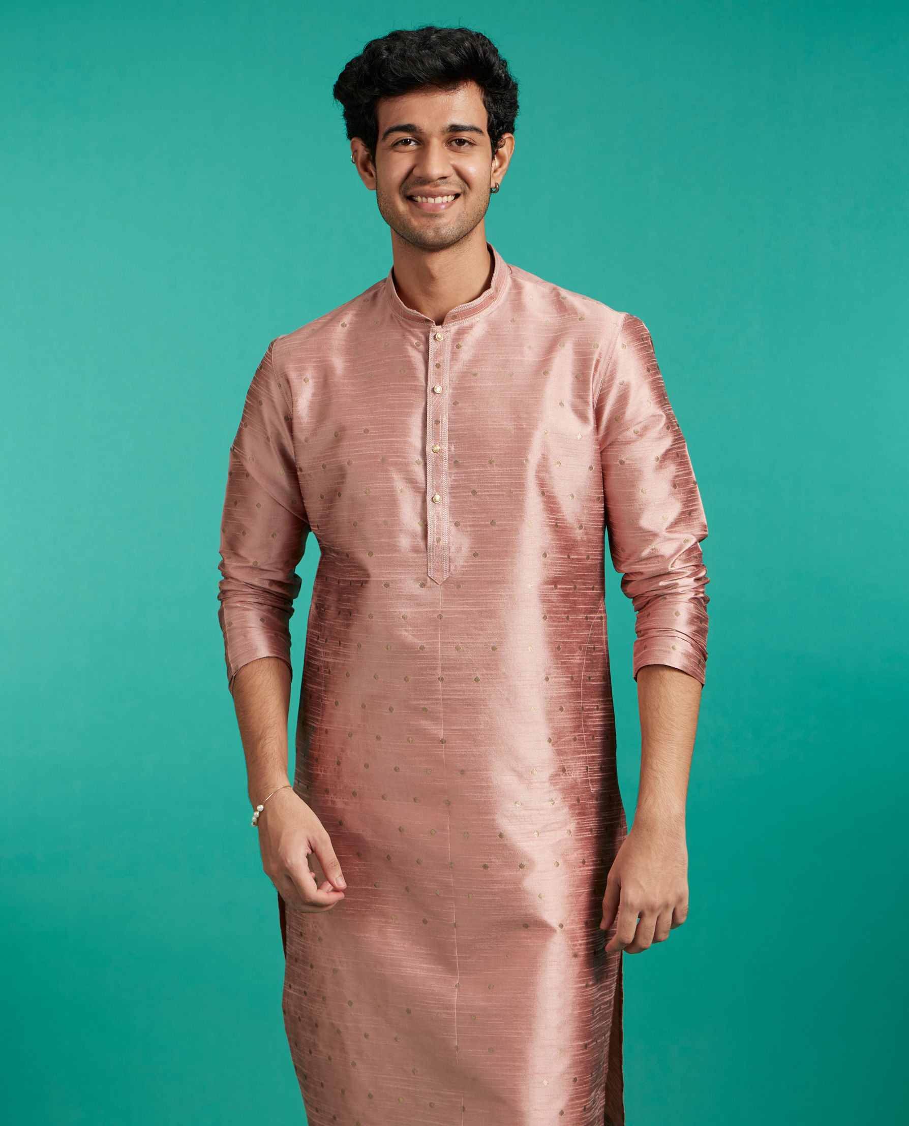 alt message - Diwas Men Peach Blossom Kurta with Dotted Boond Pattern image number 0