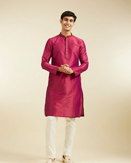 Diwas Men Rani Pink Plain Kurta With Sequinned Neckline