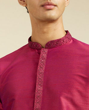Diwas Men Rani Pink Plain Kurta With Sequinned Neckline