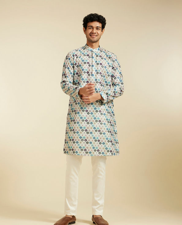 Diwas Men Aqua Green Medallion Printed Kurta