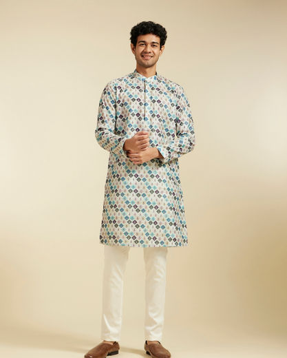 Diwas Men Aqua Green Harlequin Printed Kurta