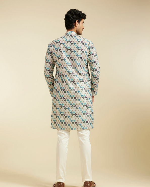 Diwas Men Aqua Green Medallion Printed Kurta