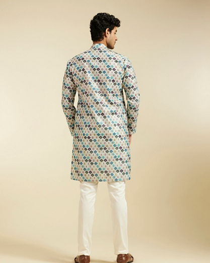 Diwas Men Aqua Green Harlequin Printed Kurta