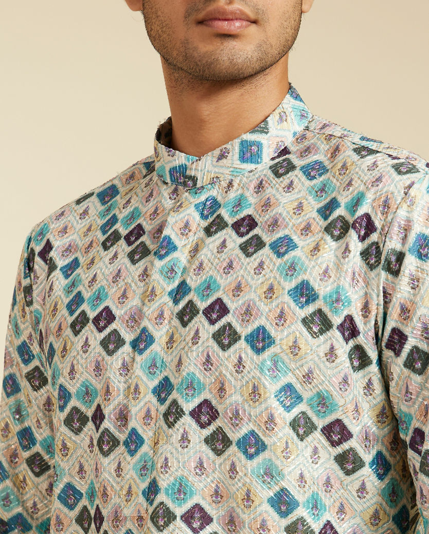 Diwas Men Aqua Green Medallion Printed Kurta