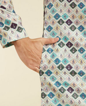 Diwas Men Aqua Green Harlequin Printed Kurta