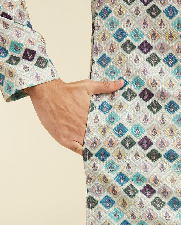 Diwas Men Aqua Green Medallion Printed Kurta