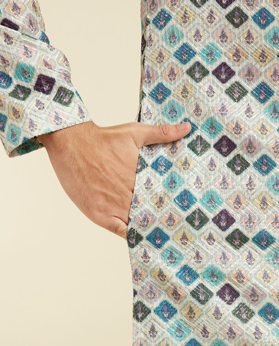 Diwas Men Aqua Green Harlequin Printed Kurta