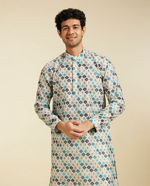 Diwas Men Aqua Green Harlequin Printed Kurta