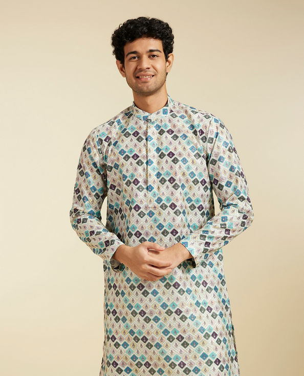 Diwas Men Aqua Green Medallion Printed Kurta