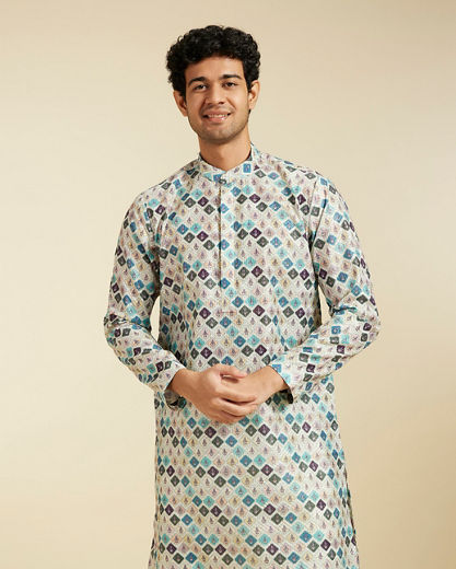 Diwas Men Aqua Green Harlequin Printed Kurta