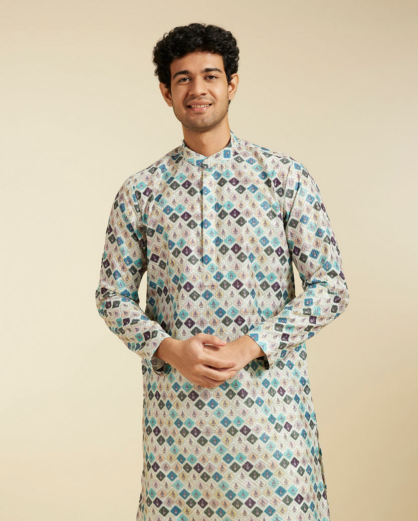 Diwas Men Aqua Green Medallion Printed Kurta