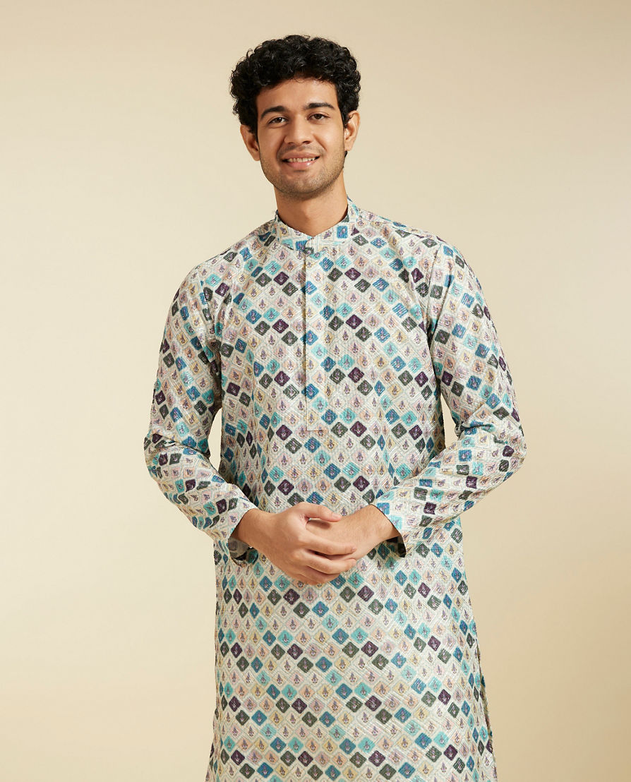 Diwas Men Aqua Green Harlequin Printed Kurta