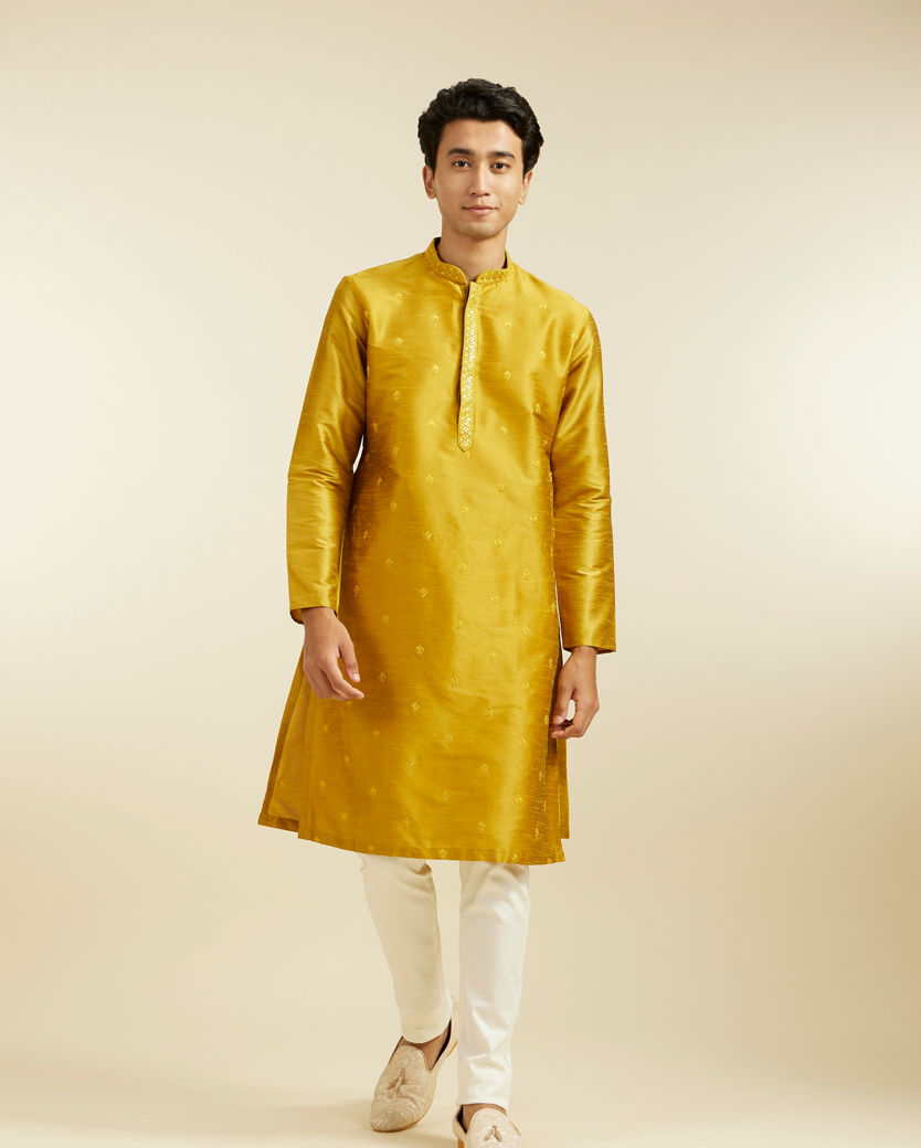 Diwas Men Mustard Yellow Buta Embroidered Kurta with Mirror Work
