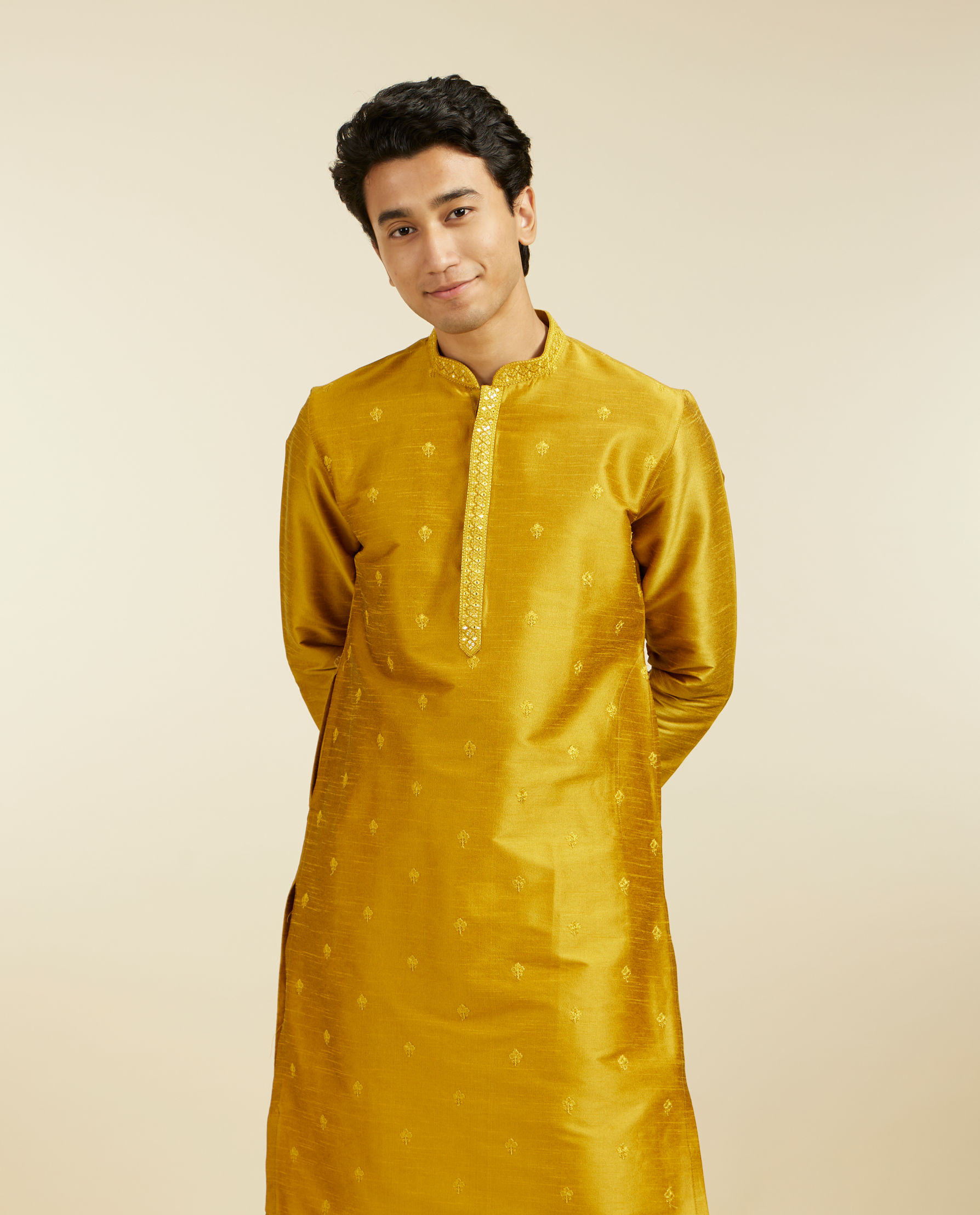 alt message - Diwas Men Mustard Yellow Buta Kurta with Mirror Work image number 0