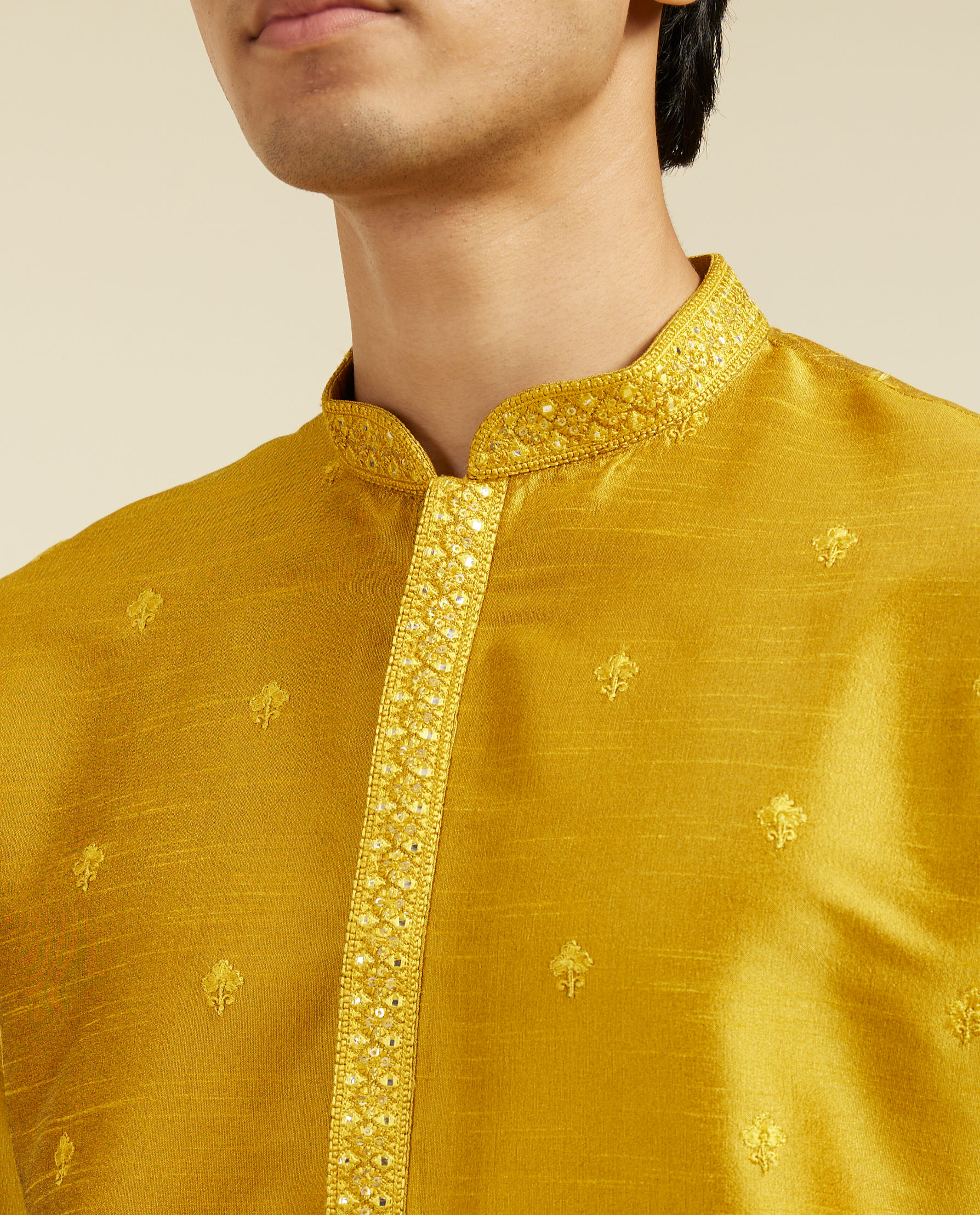 alt message - Diwas Men Mustard Yellow Buta Kurta with Mirror Work image number 1