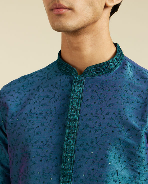 Diwas Men Teal Green Bel Embroidered Kurta with Sequin Work