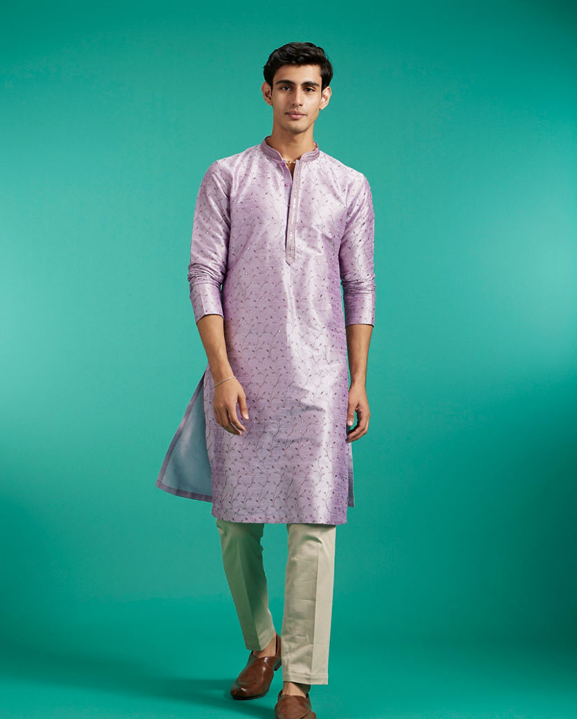 Diwas Men Soft Lilac Bel Embroidered Kurta with Rhinestone Work