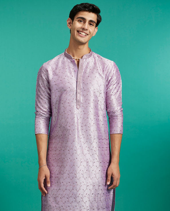 Diwas Men Soft Lilac Bel Embroidered Kurta with Rhinestone Work