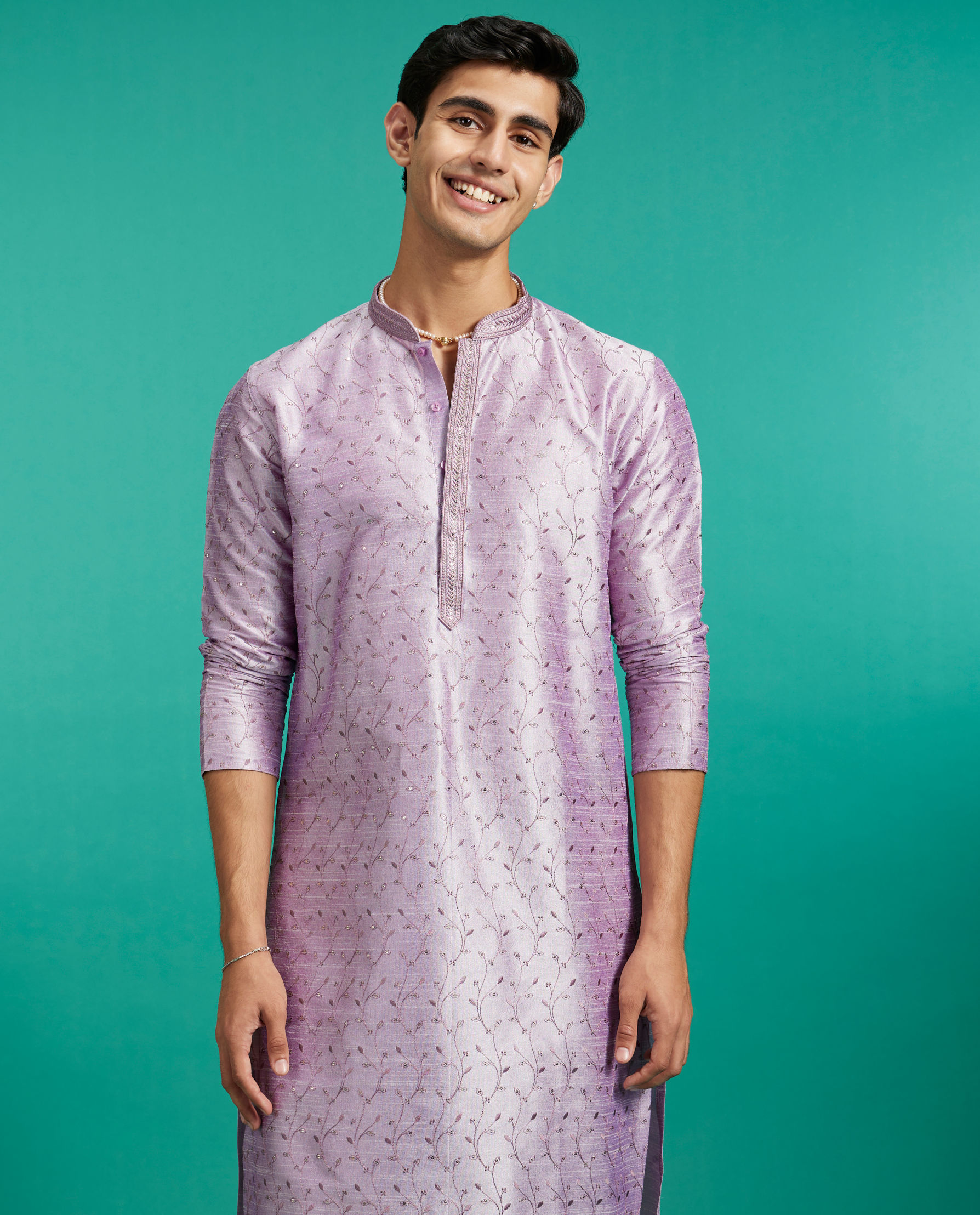 Diwas Men Soft Lilac Bel Embroidered Kurta with Rhinestone Work