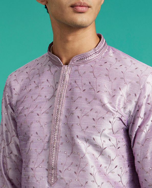 Diwas Men Soft Lilac Bel Embroidered Kurta with Rhinestone Work