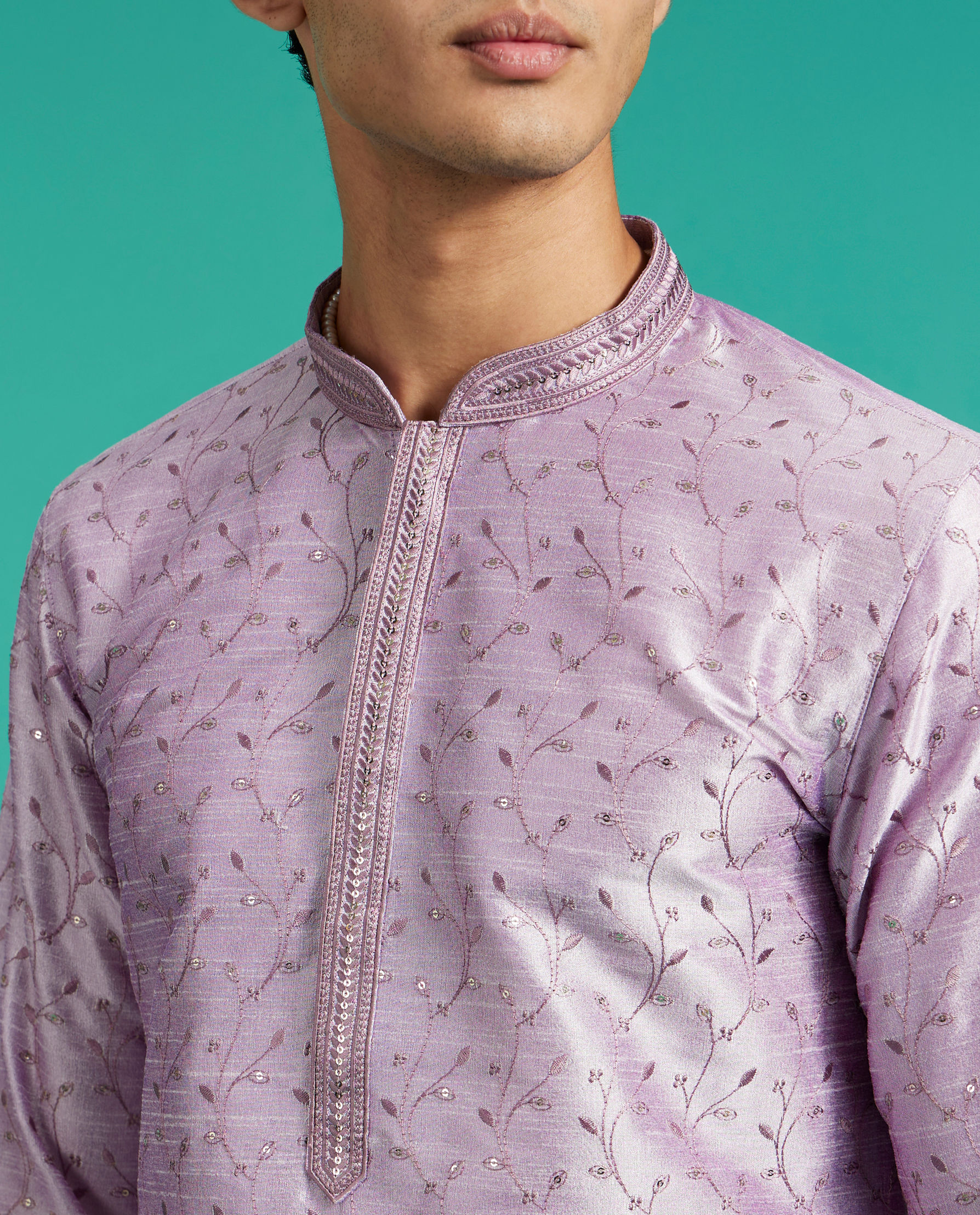 Diwas Men Soft Lilac Bel Embroidered Kurta with Rhinestone Work