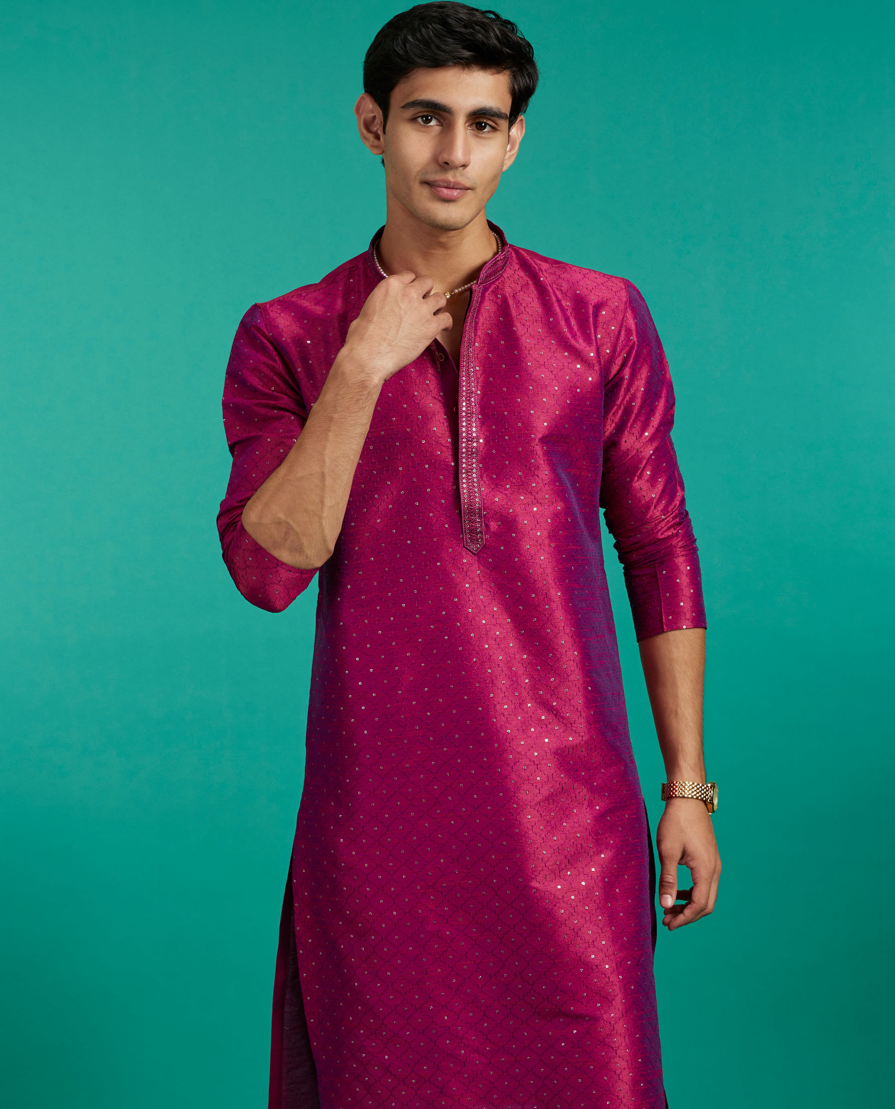 Diwas Men Rani Pink Grid Patterned Kurta with Sequin Work