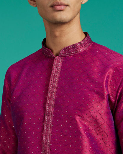 Diwas Men Rani Pink Grid Patterned Kurta with Sequin Work