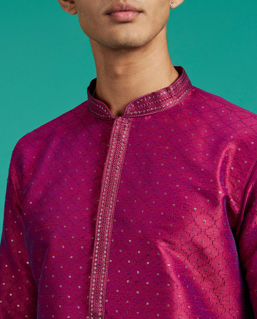 Diwas Men Rani Pink Grid Patterned Kurta with Sequin Work