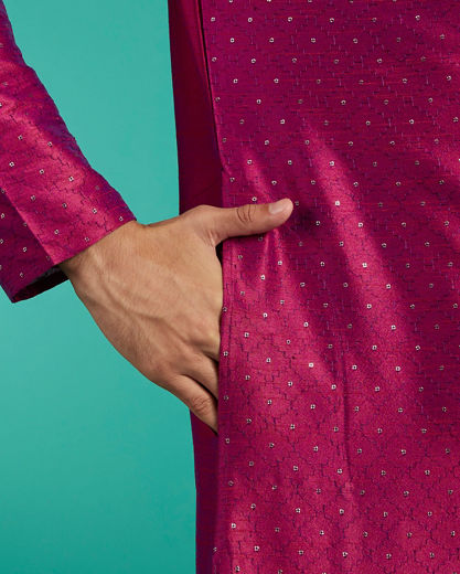 Diwas Men Rani Pink Grid Patterned Kurta with Sequin Work
