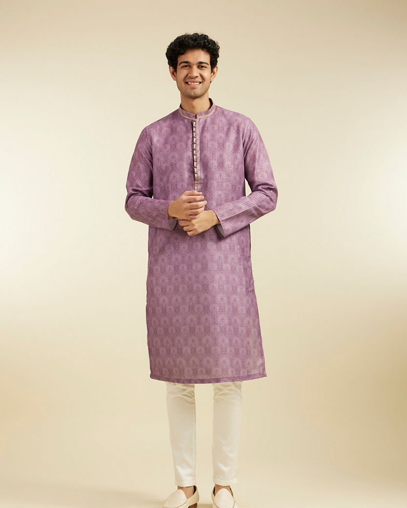 alt message - Diwas Men Royal Lilac Medallion Printed Kurta image number 2