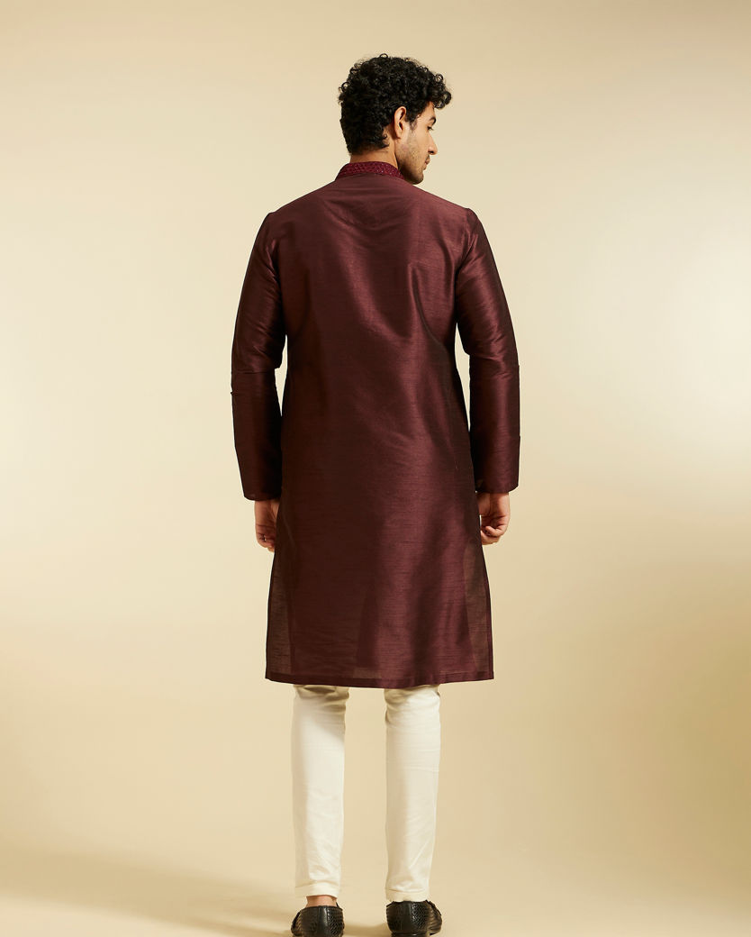 alt message - Diwas Men Wine Red Plain Kurta With Embroidered Collar image number 4