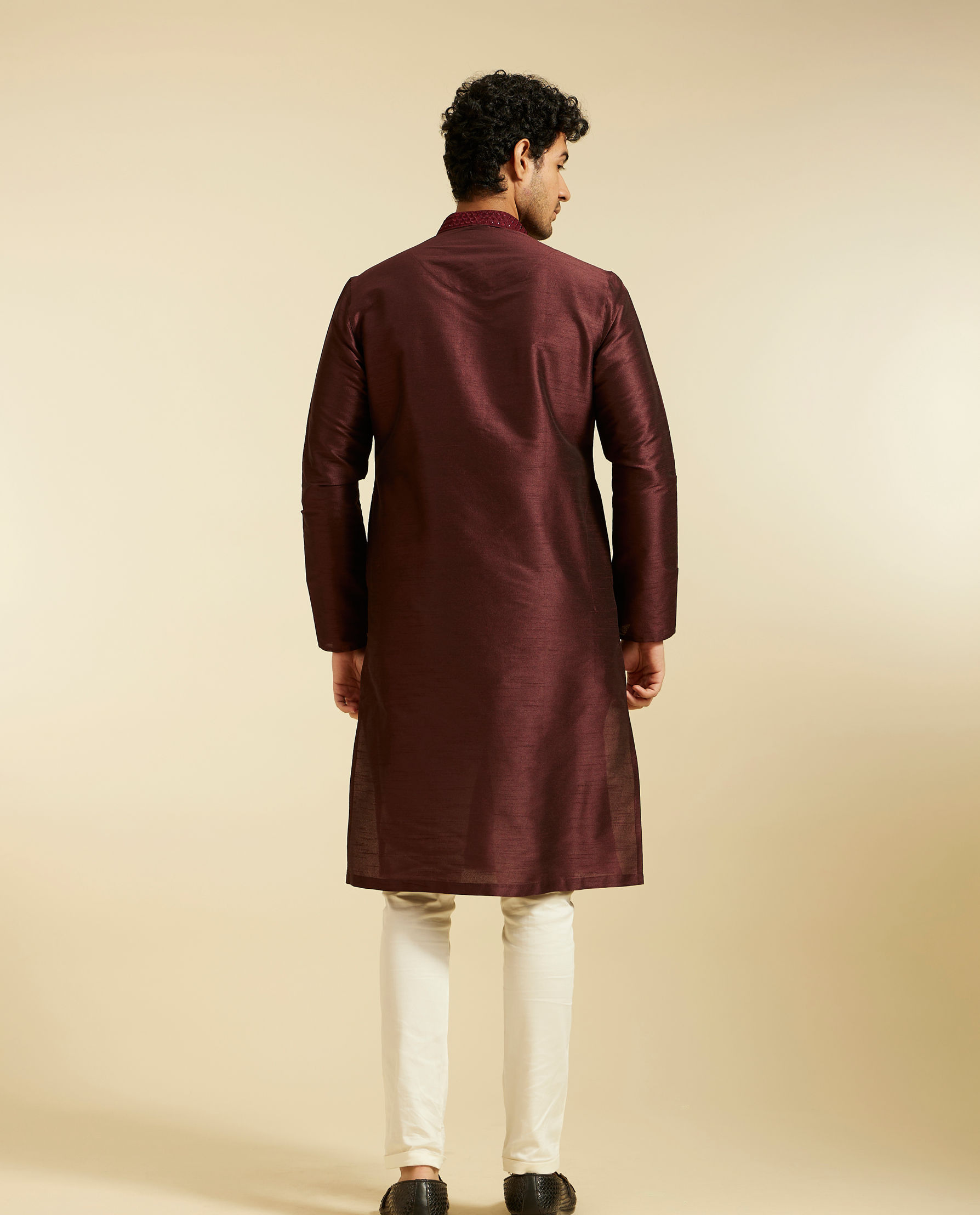 alt message - Diwas Men Wine Red Plain Kurta With Embroidered Collar image number 4