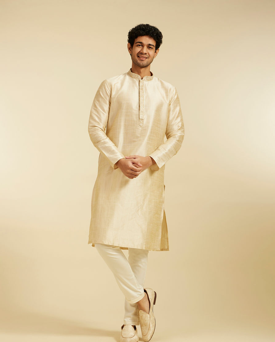 Diwas Men Beige Self Textured Kurta with Embroidered Placket